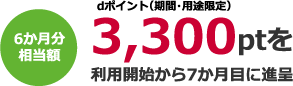 6か月分相当額 dポイント(期間・用途限定)3,300ptを利用開始から7か月目に進呈