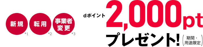 新規・転用・事業者変更 dポイント2,000ptプレゼント!(期間・用途限定)