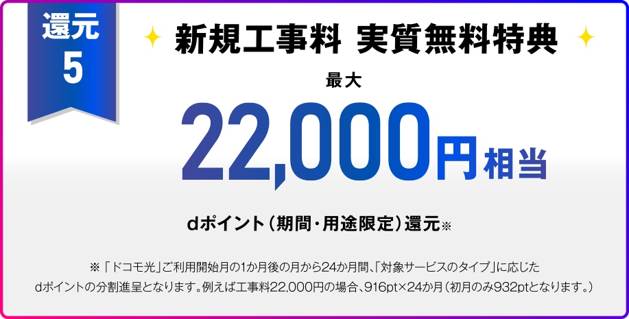還元5 新規工事料 実質無料特典 最大22,000円相当 dポイント（期間・用途限定）還元※ ※「ドコモ光」ご利用開始月の1か月後の月から24か月間、「対象サービスのタイプ」に応じたdポイントの分割進呈となります。例えば工事料22,000円の場合、916pt×24か月（初月のみ932ptとなります。）