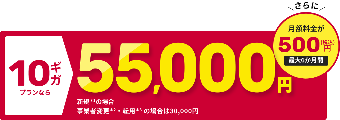 10ギガプランなら 55000円 さらに10ギガなら月額料金が500円 最大6か月