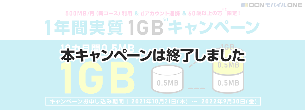 【本キャンペーンは終了しました】1年間実質1GBキャンペーンキャンペーン500MB/月（新コース）利用 ＆ dアカウント連携 ＆ 60歳以上※2の方限定！1年間実質1GB※１キャンペーン 12カ月0.5GB→1GB キャンペーンお申し込み期間：2021年10月21日（木）～2022年9月30日（金）