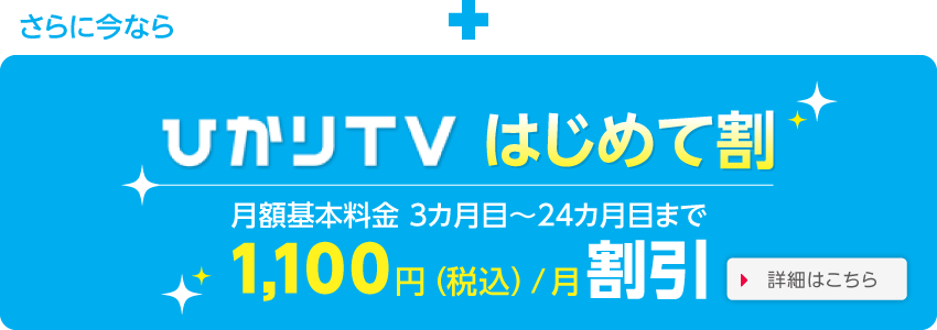 ひかりＴＶ はじめて割 月額基本料金 3カ月目～24カ月目まで1,100円（税込）/月割引 詳細はこちら