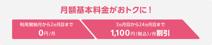 月額基本料金がおトクに！利用開始月から2ヵ月目まで0円/月 3ヵ月目から24ヵ月目まで1,100円（税込）/月割引