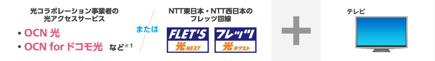 光コラボレーション事業者の光アクセスサービス(OCN光, OCN for ドコモ光 など)※1またはNTT東日本・NTT西日本のフレッツ回線 + テレビ 光コラボレーション事業者の光アクセスサービス(OCN光, OCN for ドコモ光 など)※1またはNTT東日本・NTT西日本のフレッツ回線 + テレビ