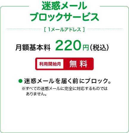 迷惑メールブロックサービス　[1メールアドレス]　月額基本料220円（税込）　【利用開始月無料】迷惑メールを届く前にブロック。※すべての迷惑メールに安全に対応するものではありません。