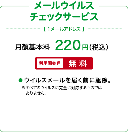 メールウイルスチェックサービス　[1メールアドレス]　月額基本料220円（税込）　【利用開始月無料】ウイルスメールを届く前に駆除。※すべてのウイルスに完全に対応するものではありません。