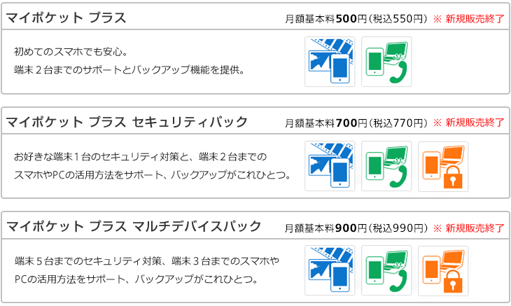 マイポケット プラス 初めてのスマホでも安心。端末2台までのサポートとバックアップ機能を提供。 ・パーソナルクラウド・スマホサポート 月額基本料500円（税込550円）※新規販売終了、マイポケット プラス セキュリティパック お好きな端末1台のセキュリティ対策と、端末2台までのスマホやPCの活用方法をサポート、バックアップがこれひとつ。 ・パーソナルクラウド・スマホサポート・スマホセキュリティ 月額基本料700円（税込770円）※新規販売終了、マイポケット プラス マルチデバイスパック 端末5台までのセキュリティ対策、端末3台までのスマホやPCの活用方法をサポート、バックアップがこれひとつ。・パーソナルクラウド・マルチサポート・マルチセキュリティ 月額基本料900円（税込990円）※新規販売終了