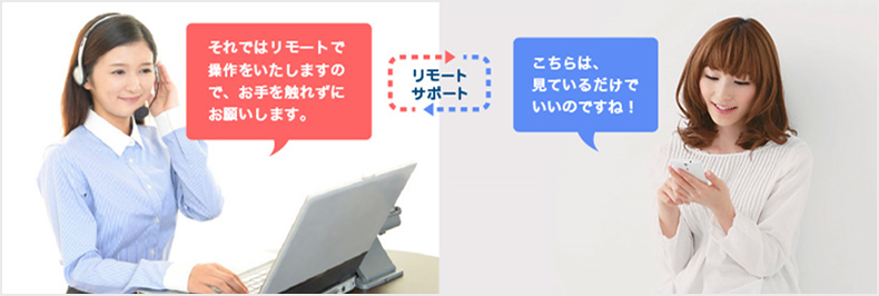 リモートサポートのイメージ オペレーター「それではるモーとで操作いたしますので、お手を触れずにお願いします。」お客さま「こちらは、見ているだけでいいのですね!」
