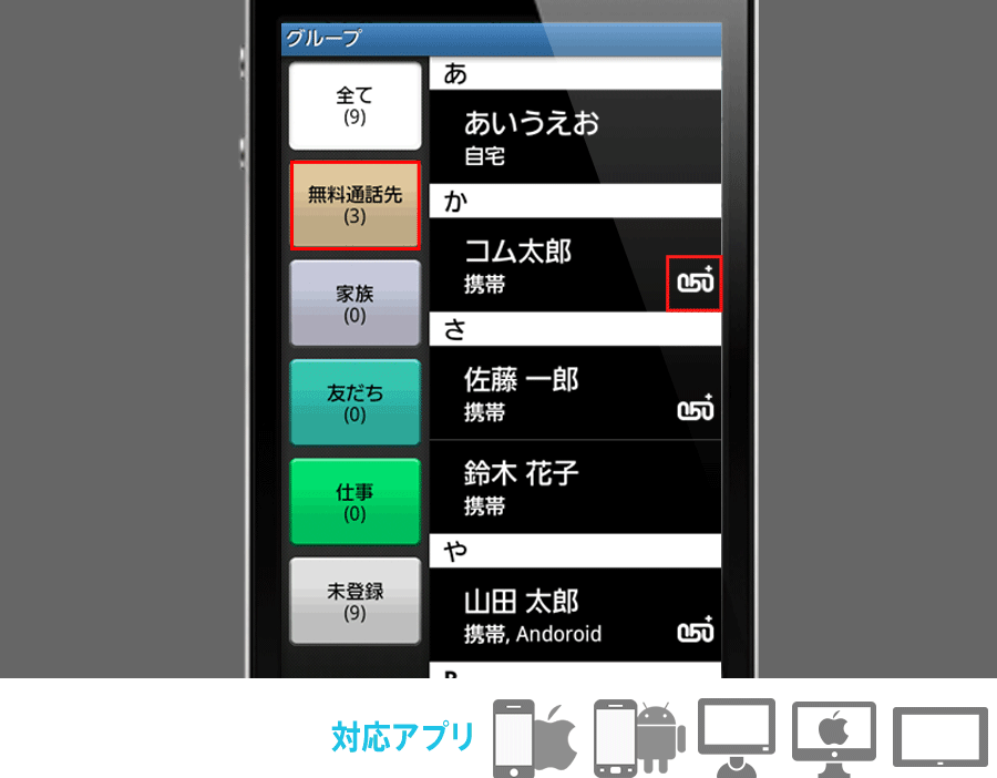 無料通話先050番号判別機能