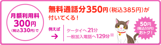 月額利用料300円(税込330円)で無料通話分350円(税込385円)が付いてくる。例えばケータイへ21分一般加入電話へ129分。50円(税込55円)おトク!